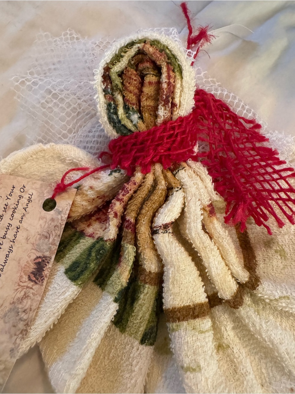 Handcrafted Cream and Green Decorative Towel Angel with Red Scarf